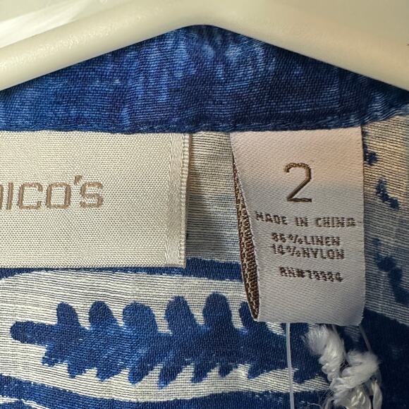 Chico's Paisley Linen Blend Jacket Size 2 Blue Button Collared Long Sleeve New - Picture 3 of 6